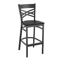 HERCULES Series Black ''X'' Back Metal Restaurant Barstool - Black Wood Seat