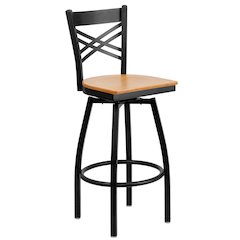 Black ''X'' Back Swivel Metal Barstool - Natural Wood Seat