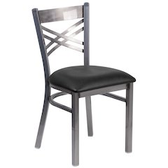 Clear Coated ''X'' Back Metal Restaurant Chair - Black Vinyl Seat
