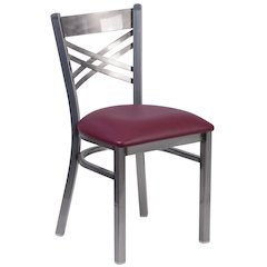 Clear Coated ''X'' Back Metal Restaurant Chair - Burgundy Vinyl Seat