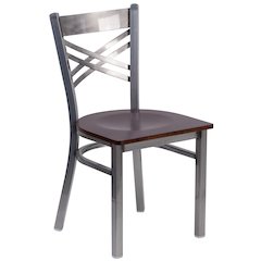 Clear Coated ''X'' Back Metal Restaurant Chair - Walnut Wood Seat