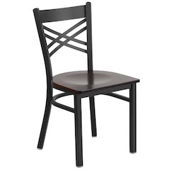 Black ''X'' Back Metal Restaurant Chair - Walnut Wood Seat