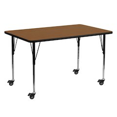 Mobile 24''W x 60''L Rectangular Oak HP Laminate Activity Table - Standard Height Adjustable Legs