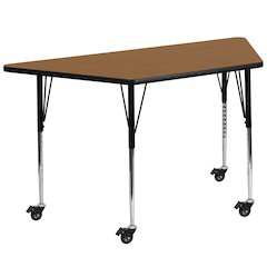 Mobile 29''W x 57''L Trapezoid Oak Thermal Laminate Activity Table - Standard Height Adjustable Legs