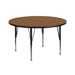 42'' Round Oak Thermal Laminate Activity Table - Height Adjustable Short Legs