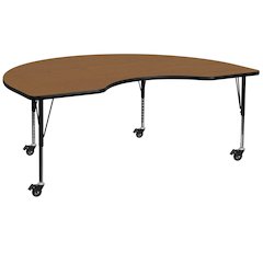 Mobile 48''W x 72''L Kidney Oak Thermal Laminate Activity Table - Height Adjustable Short Legs