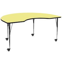 Mobile 48''W x 72''L Kidney Yellow Thermal Laminate Activity Table - Standard Height Adjustable Legs