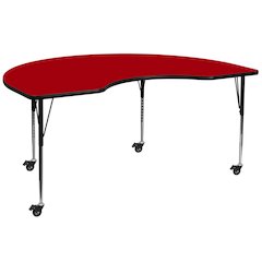 Mobile 48''W x 96''L Kidney Red Thermal Laminate Activity Table - Standard Height Adjustable Legs