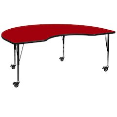Mobile 48''W x 96''L Kidney Red Thermal Laminate Activity Table - Height Adjustable Short Legs