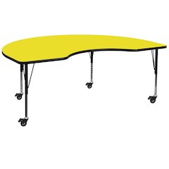 Mobile 48''W x 96''L Kidney Yellow HP Laminate Activity Table - Height Adjustable Short Legs