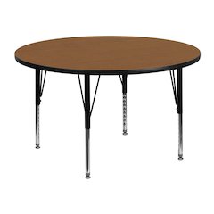 48'' Round Oak Thermal Laminate Activity Table - Height Adjustable Short Legs
