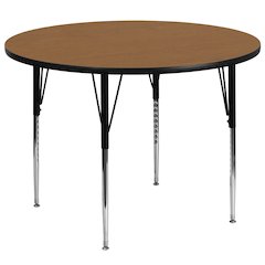 60'' Round Oak Thermal Laminate Activity Table - Standard Height Adjustable Legs