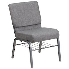 21''W Church Chair in Gray Fabric with Book Rack - Silver Vein Frame