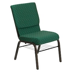 18.5''W Church Chair in Green Patterned Fabric with Book Rack - Gold Vein Frame