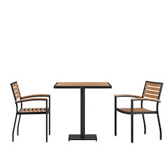 3 Piece Patio Dining Table Set - 30" Faux Teak Table, 2 Stacking Club Chairs
