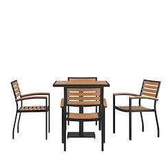 5 Piece Patio Dining Table Set - 30" Faux Teak Table, 4 Stacking Club Chairs