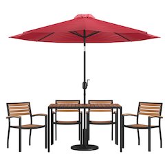 7 Piece Table Set with 4 Stackable Chairs, 30" x 48" Table, Red Umbrella, Base
