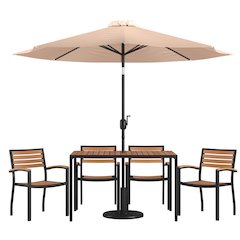7 Piece Table Set with 4 Stackable Chairs, 30" x 48" Table, Tan Umbrella, Base