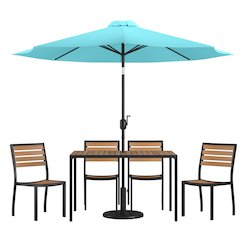 7 Piece Patio Set - 4 Stacking Chairs, 30" x 48" Table, Teal Umbrella, Base