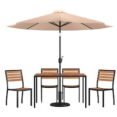 7 Piece Patio Set - 4 Stacking Chairs, 30" x 48" Table, Tan Umbrella, Base