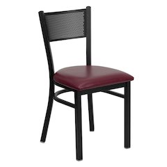 Black Grid Back Metal Restaurant Chair - Burgundy Vinyl Seat