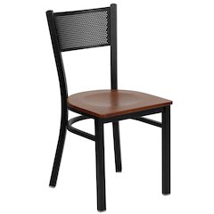 Black Grid Back Metal Restaurant Chair - Cherry Wood Seat