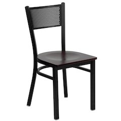 Black Grid Back Metal Restaurant Chair - Mahogany Wood Seat