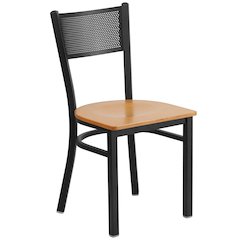 Black Grid Back Metal Restaurant Chair - Natural Wood Seat