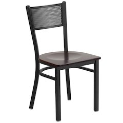 Black Grid Back Metal Restaurant Chair - Walnut Wood Seat