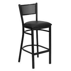 Black Grid Back Metal Restaurant Barstool - Black Vinyl Seat