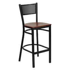 Black Grid Back Metal Restaurant Barstool - Cherry Wood Seat