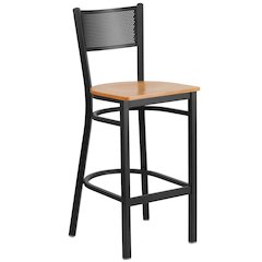 Black Grid Back Metal Restaurant Barstool - Natural Wood Seat