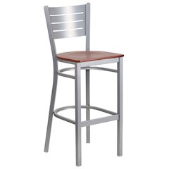 Silver Slat Back Metal Restaurant Barstool - Cherry Wood Seat