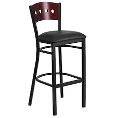 Black 4 Square Back Metal Restaurant Barstool - Mahogany Wood Back, Black Vinyl Seat