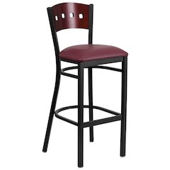 Black 4 Square Back Metal Restaurant Barstool - Mahogany Wood Back, Burgundy Vinyl Seat