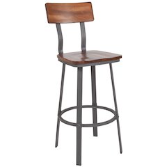 Rustic Walnut Restaurant Barstool with Wood Seat & Back and Gray Powder Coat Frame