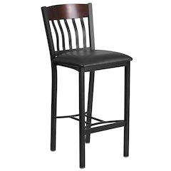 Vertical Back Black Metal and Walnut Wood Restaurant Barstool with Black Vinyl Seat