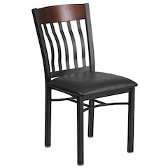 Vertical Back Black Metal and Walnut Wood Restaurant Chair with Black Vinyl Seat