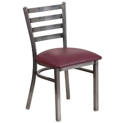 Clear Coated Ladder Back Metal Restaurant Chair - Burgundy Vinyl Seat