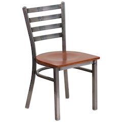 Clear Coated Ladder Back Metal Restaurant Chair - Cherry Wood Seat