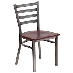 Clear Coated Ladder Back Metal Restaurant Chair - Mahogany Wood Seat