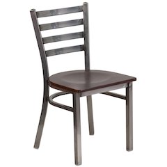 Clear Coated Ladder Back Metal Restaurant Chair - Walnut Wood Seat