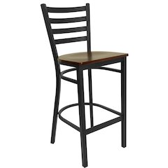 Black Ladder Back Metal Restaurant Barstool - Mahogany Wood Seat