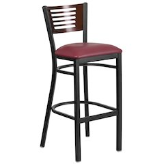Black Slat Back Metal Restaurant Barstool - Walnut Wood Back, Burgundy Vinyl Seat