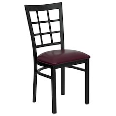 Black Window Back Metal Restaurant Chair - Burgundy Vinyl Seat
