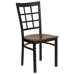 Black Window Back Metal Restaurant Chair - Cherry Wood Seat