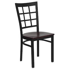Black Window Back Metal Restaurant Chair - Mahogany Wood Seat