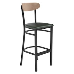 Barstool, Natural Birch Finish Wooden Boomerang Back, and Green Vinyl Seat