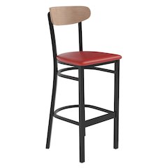 Barstool, Natural Birch Finish Wooden Boomerang Back, and Red Vinyl Seat