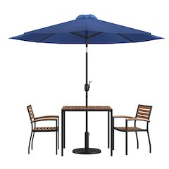 5 Piece Patio Table Set with 2 Stackable Chairs, 35" Table, Navy Umbrella, Base
